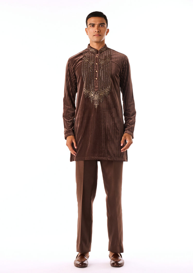 Twamev Men Brown Beaded Kurta Set