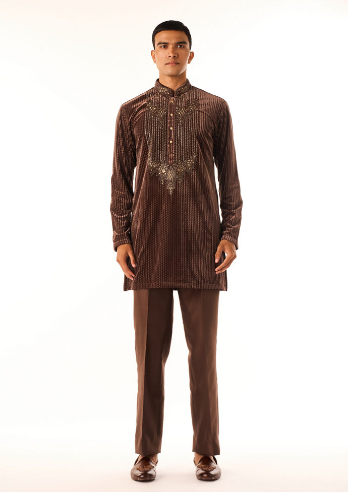 Twamev Men Brown Beaded Kurta Set