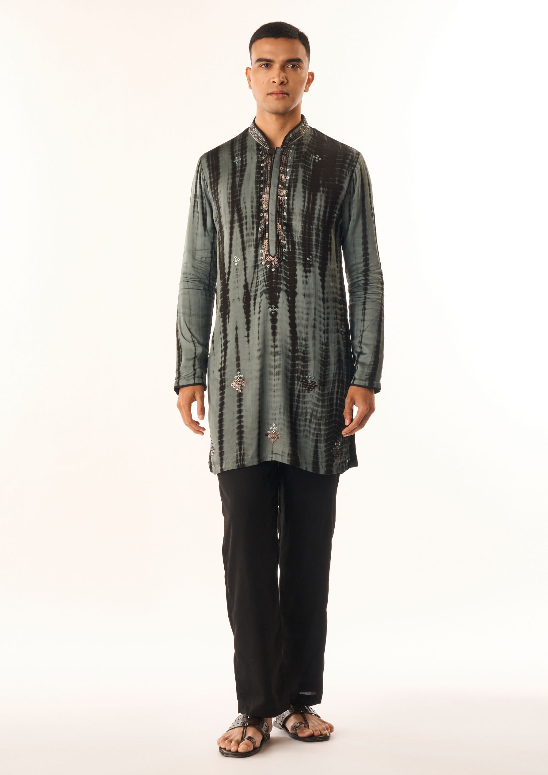 Twamev Men Green Satin Kurta Set with Embroidery