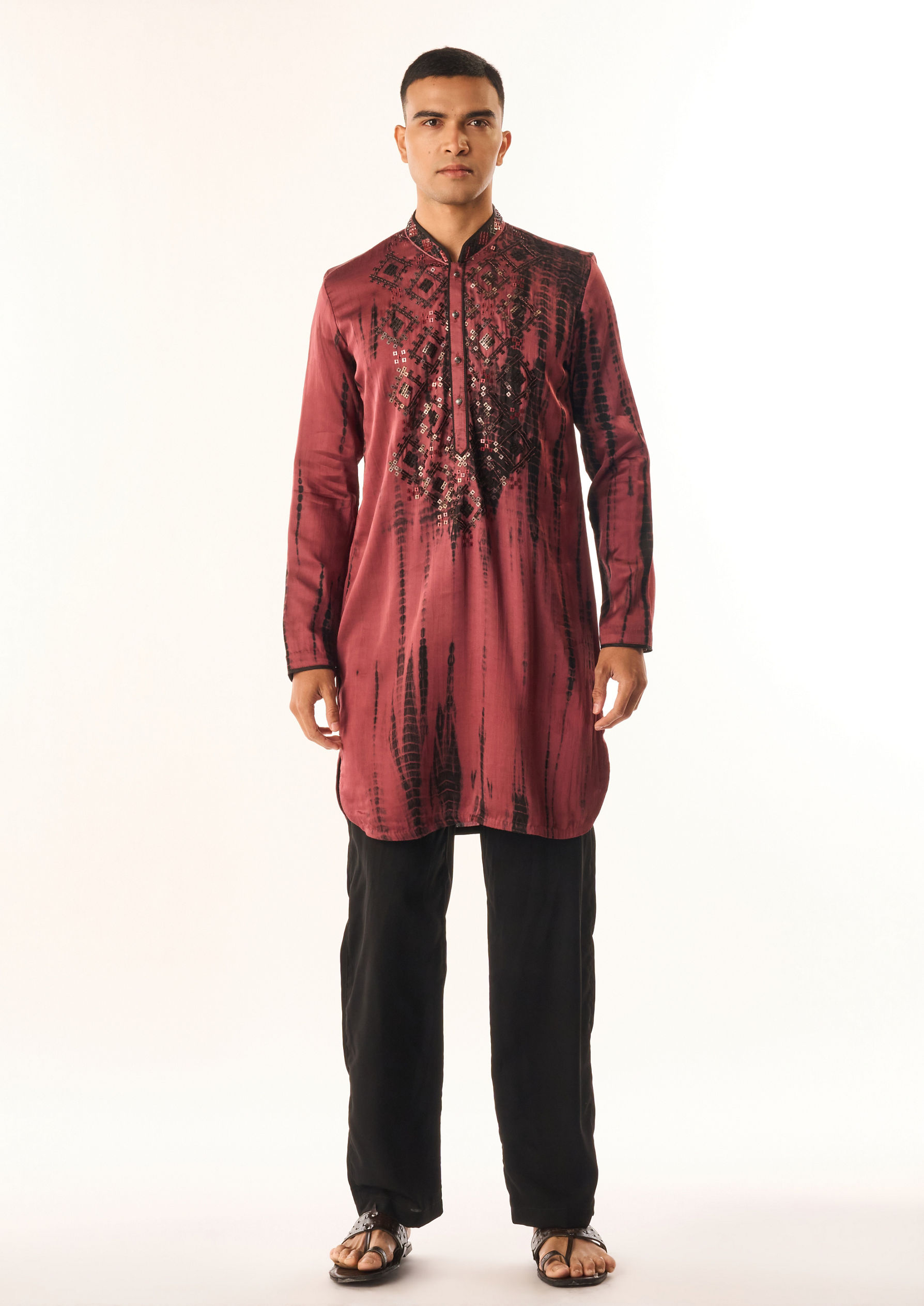 Twamev Men Maroon Satin Kurta Set with Embroidery