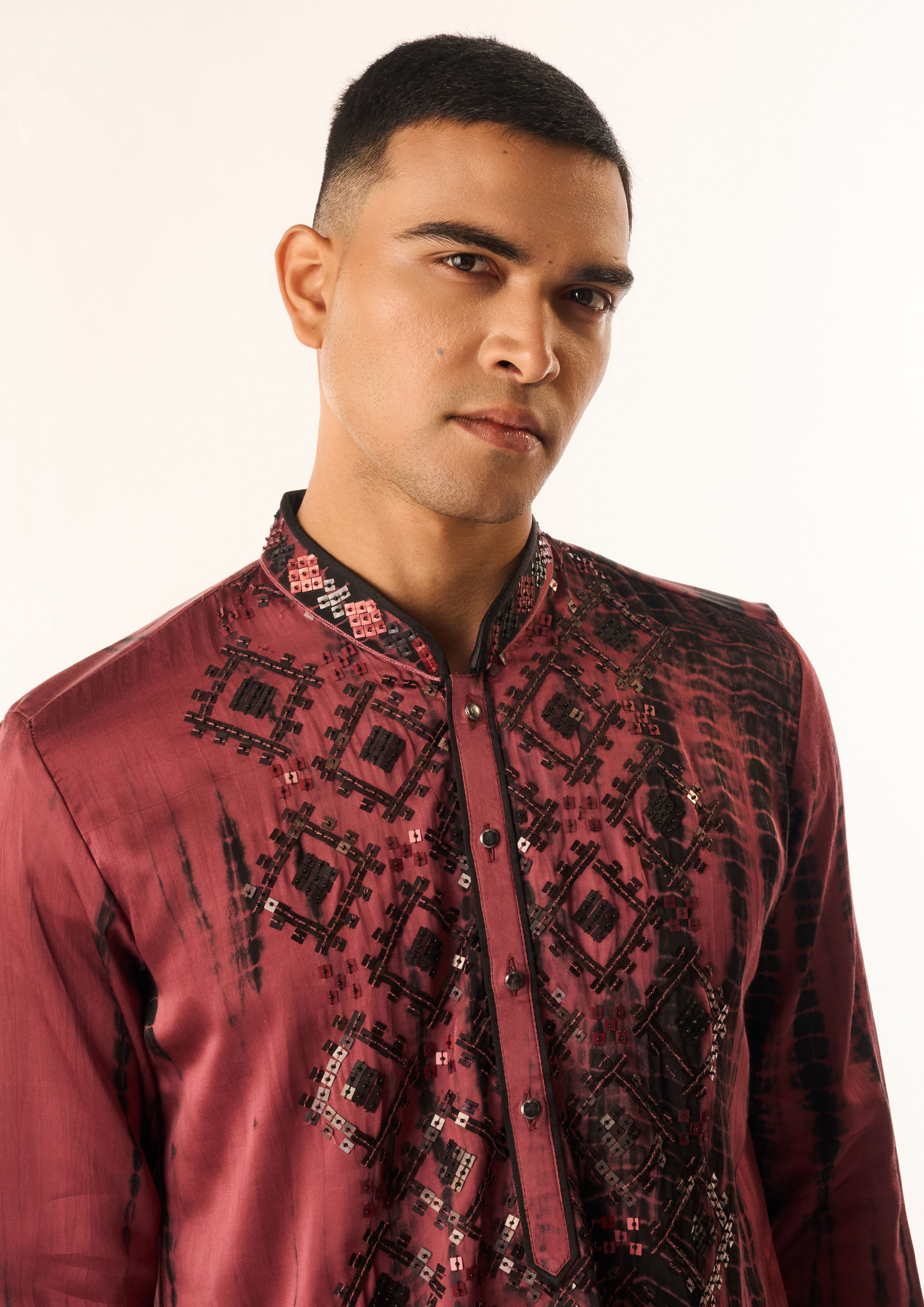 Twamev Men Maroon Satin Kurta Set with Embroidery