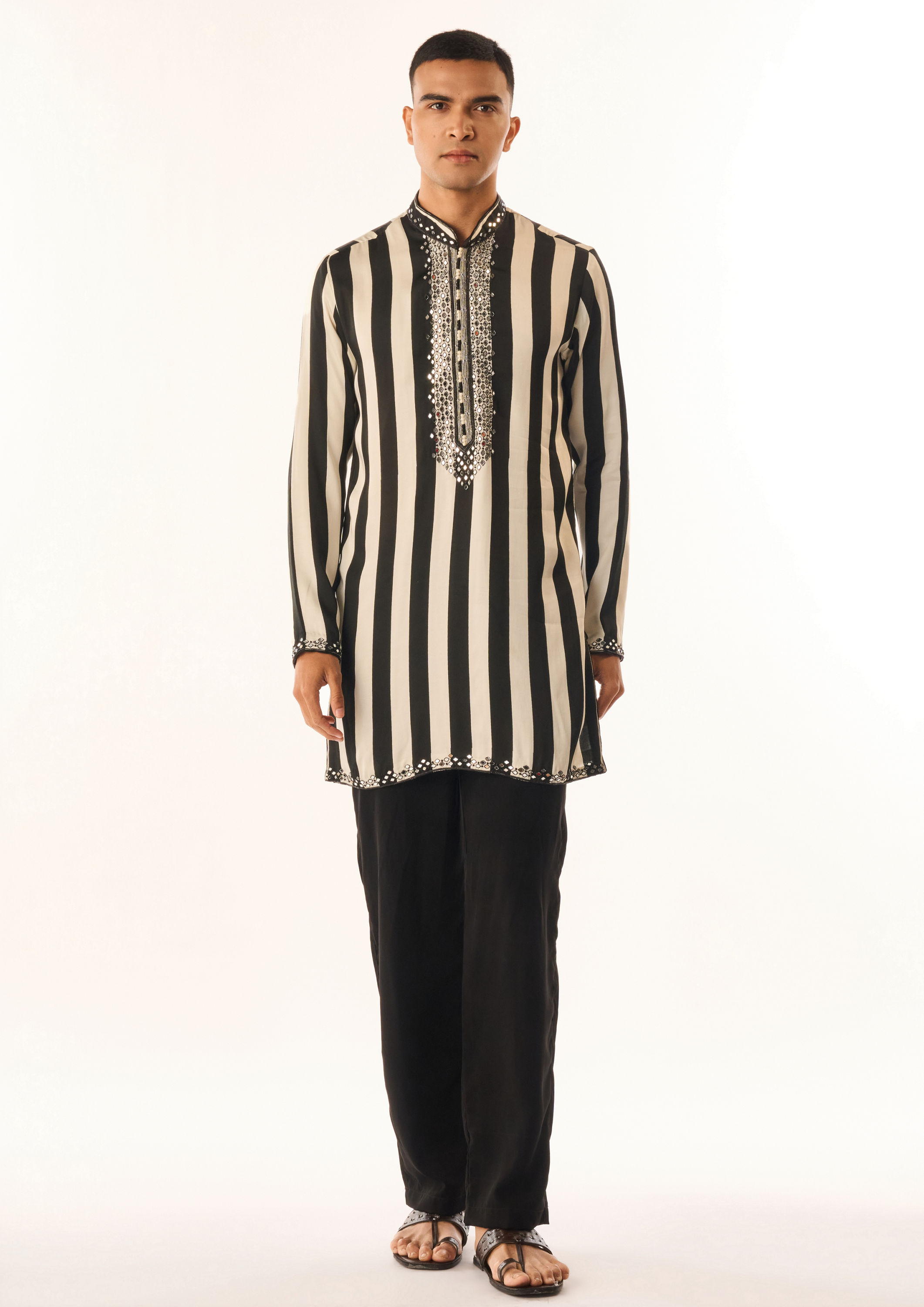Twamev Men Cream Satin Kurta Set with Embroidery
