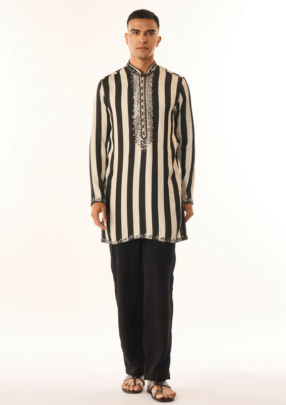 Twamev Men Cream Satin Kurta Set with Embroidery