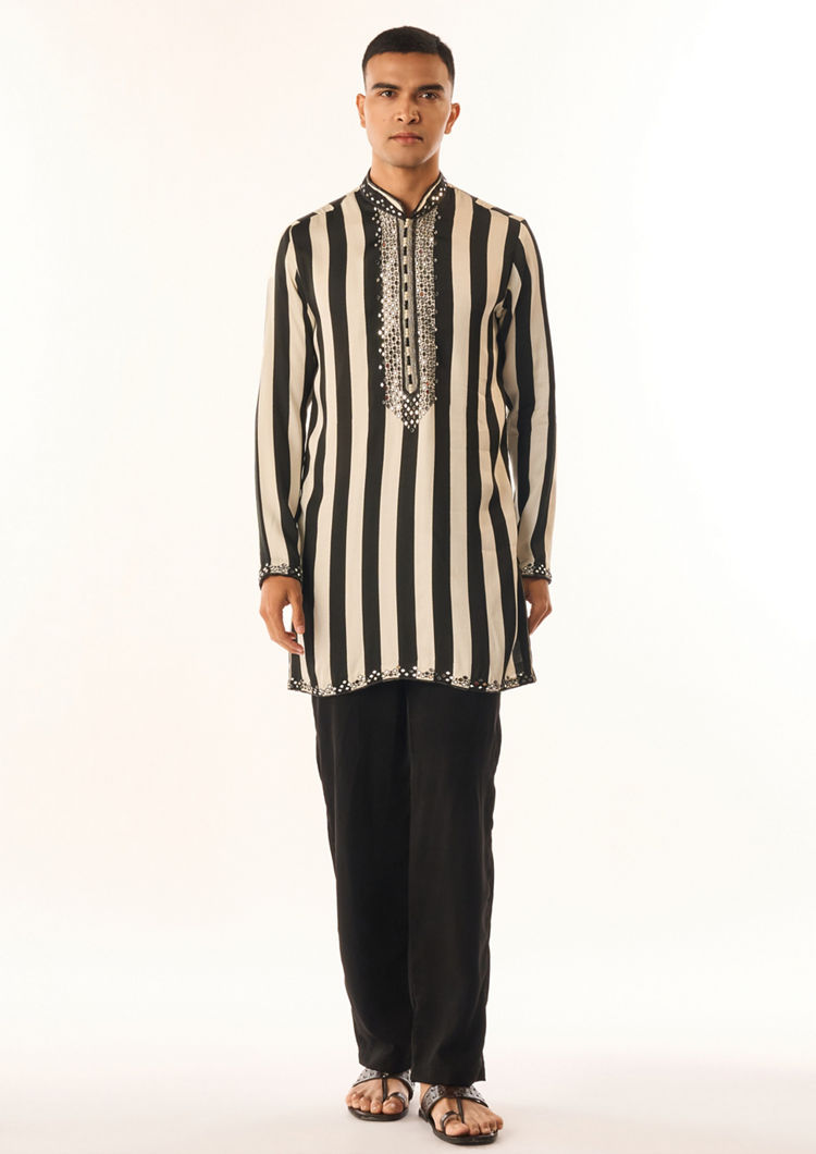 Twamev Men Cream Satin Kurta Set with Embroidery