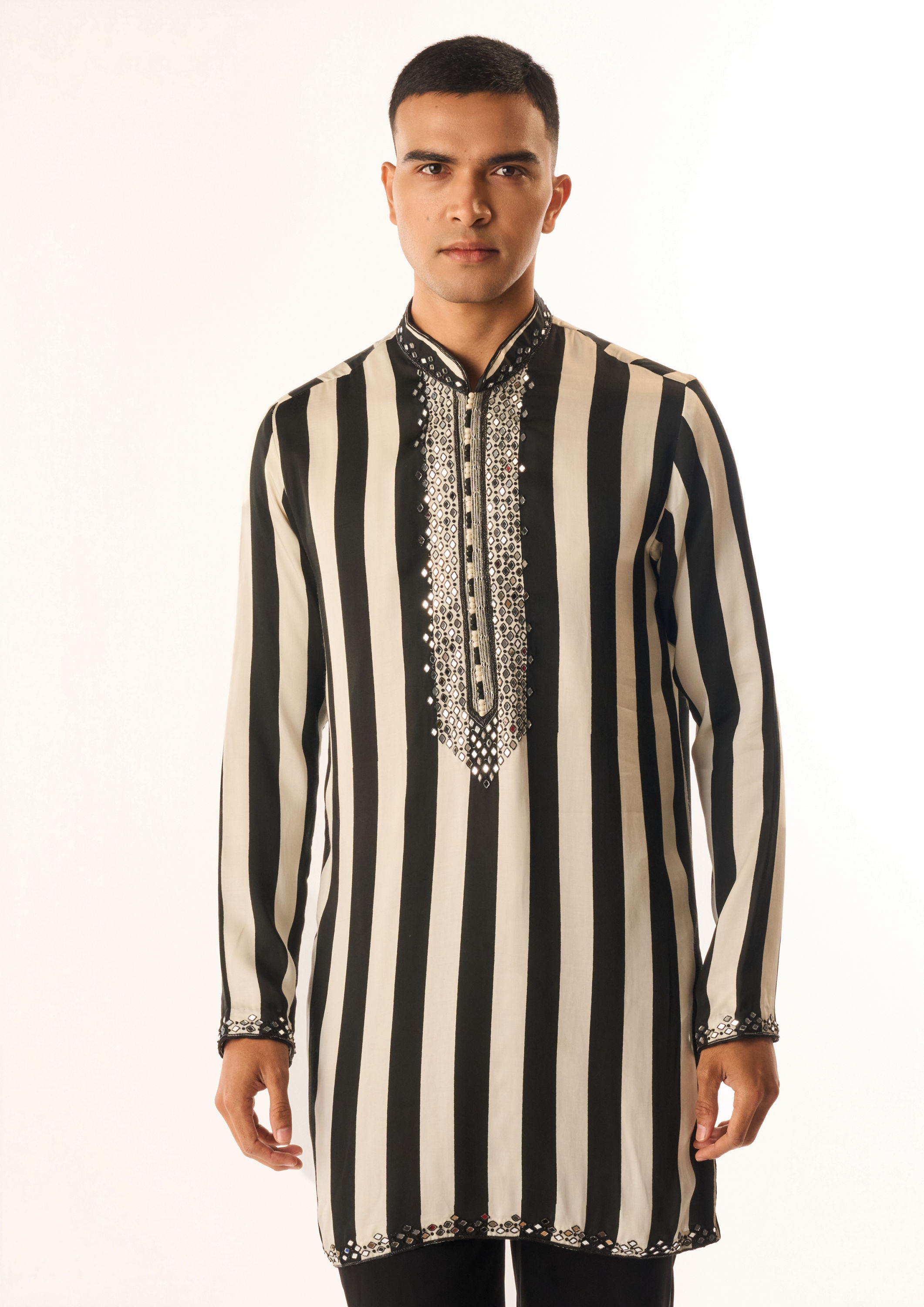 Twamev Men Cream Satin Kurta Set with Embroidery