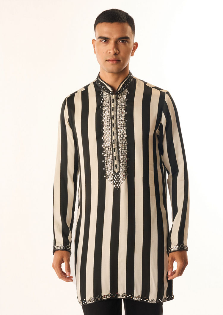 Twamev Men Cream Satin Kurta Set with Embroidery