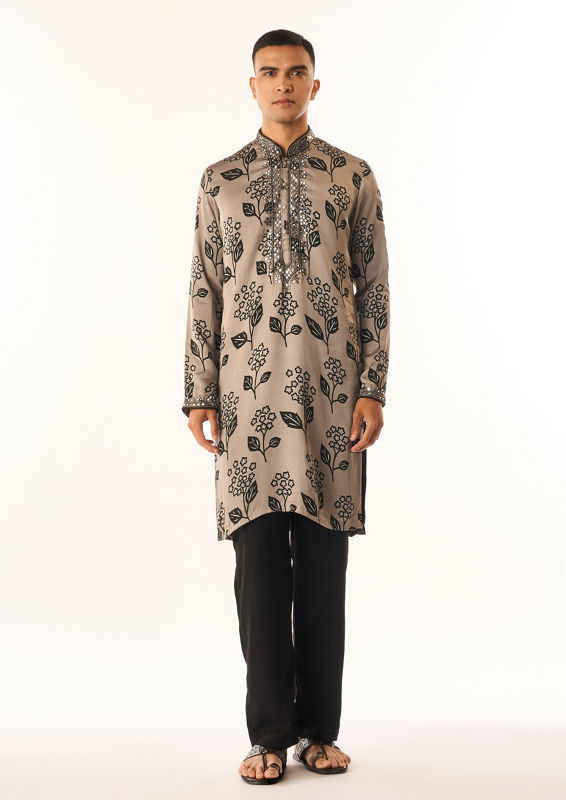 Twamev Men Grey Satin Kurta Set with Floral Print