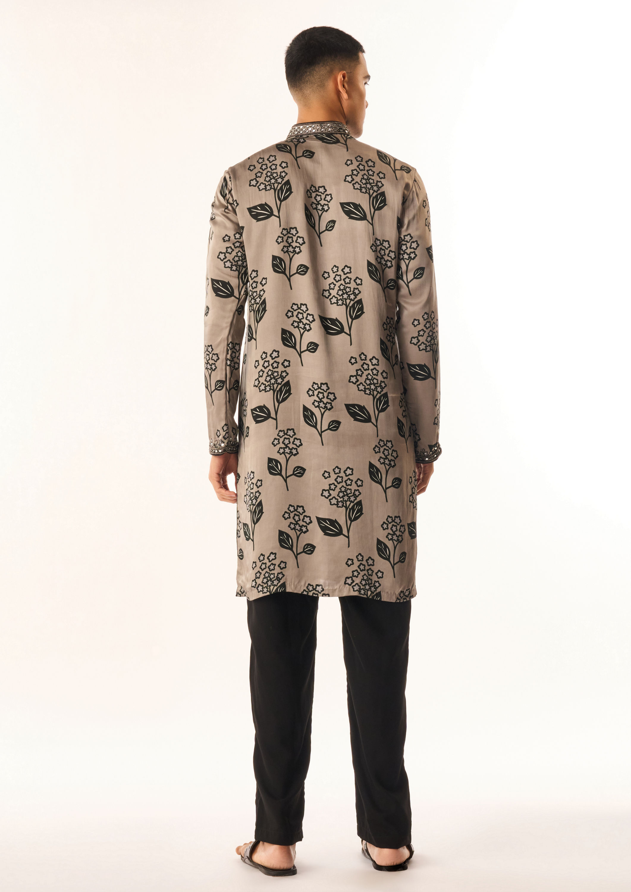 Twamev Men Grey Satin Kurta Set with Floral Print