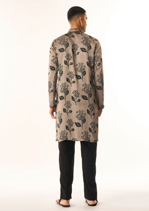 Twamev Men Grey Satin Kurta Set with Floral Print
