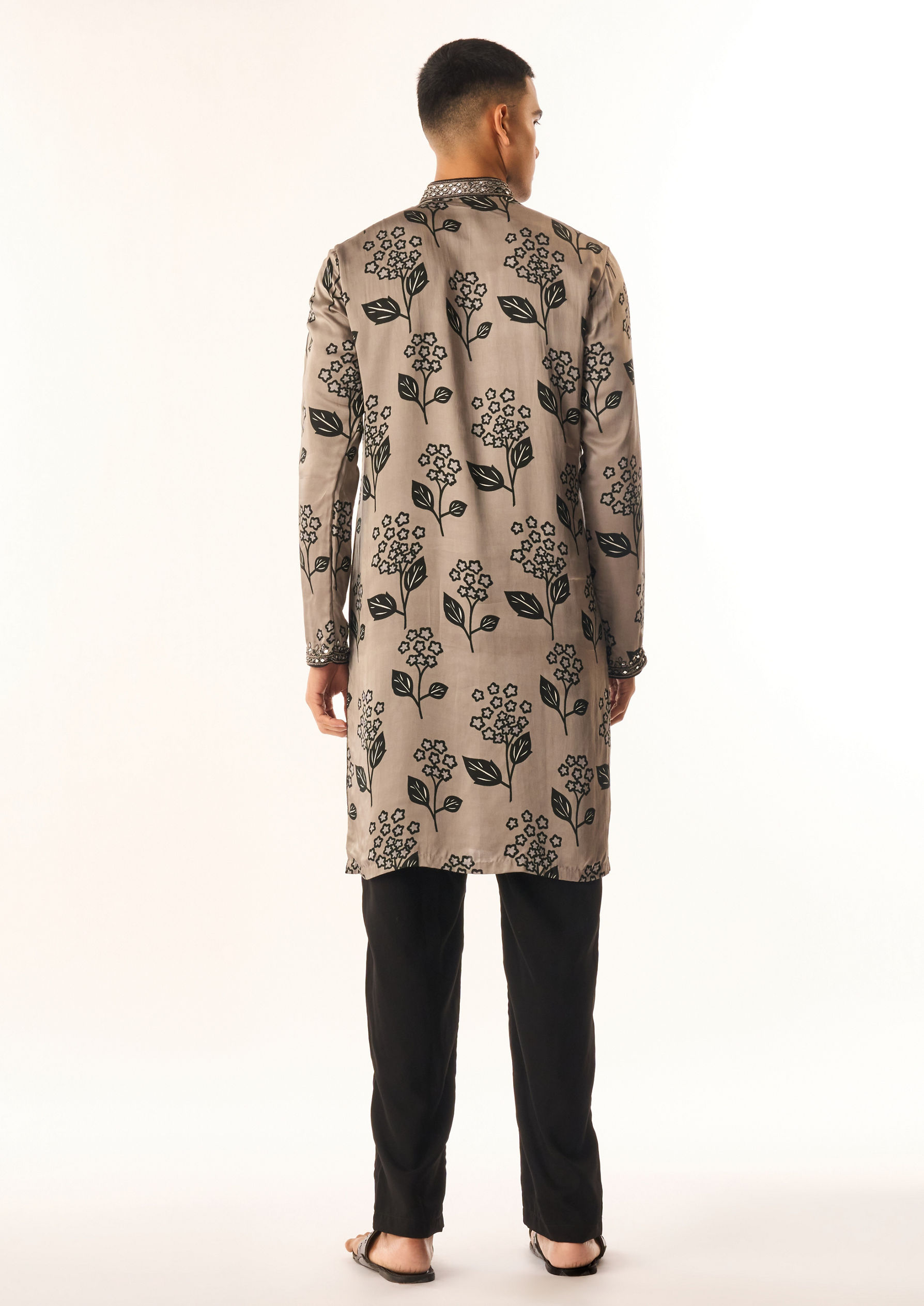 Twamev Men Grey Satin Kurta Set with Floral Print