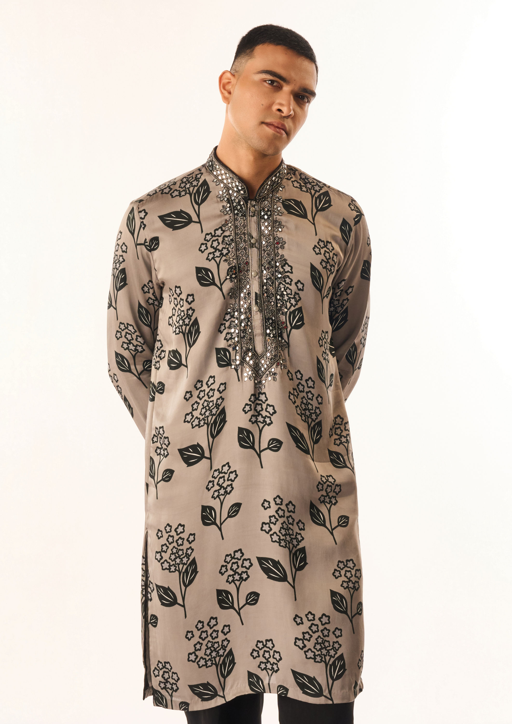 Twamev Men Grey Satin Kurta Set with Floral Print