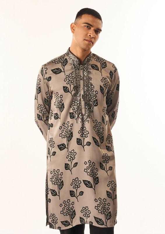 Twamev Men Grey Satin Kurta Set with Floral Print