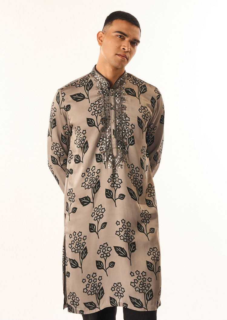 Twamev Men Grey Satin Kurta Set with Floral Print