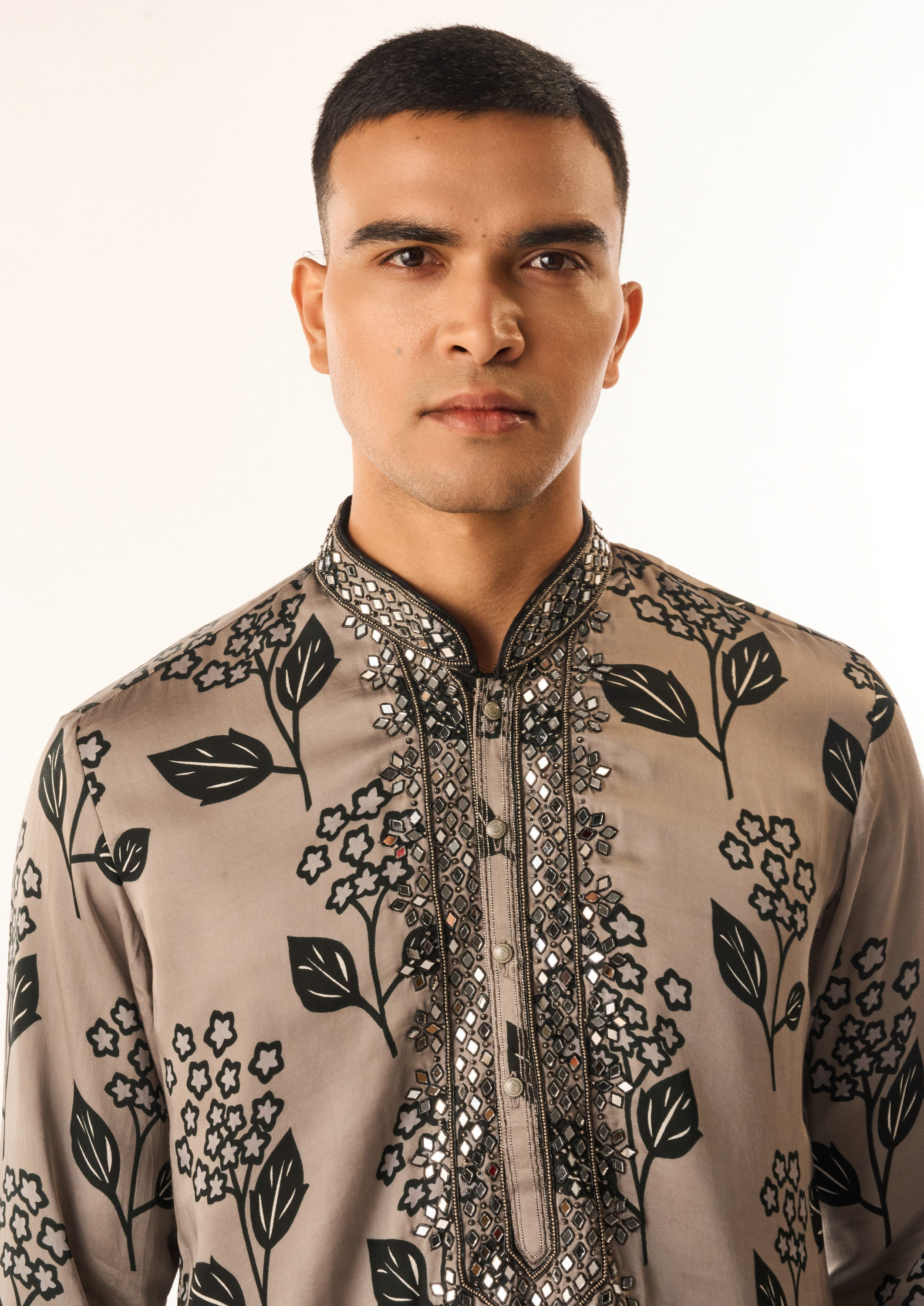 Twamev Men Grey Satin Kurta Set with Floral Print