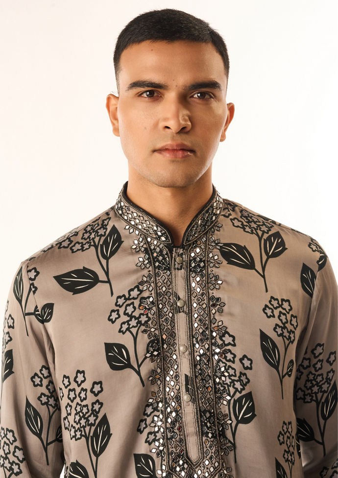 Twamev Men Grey Satin Kurta Set with Floral Print