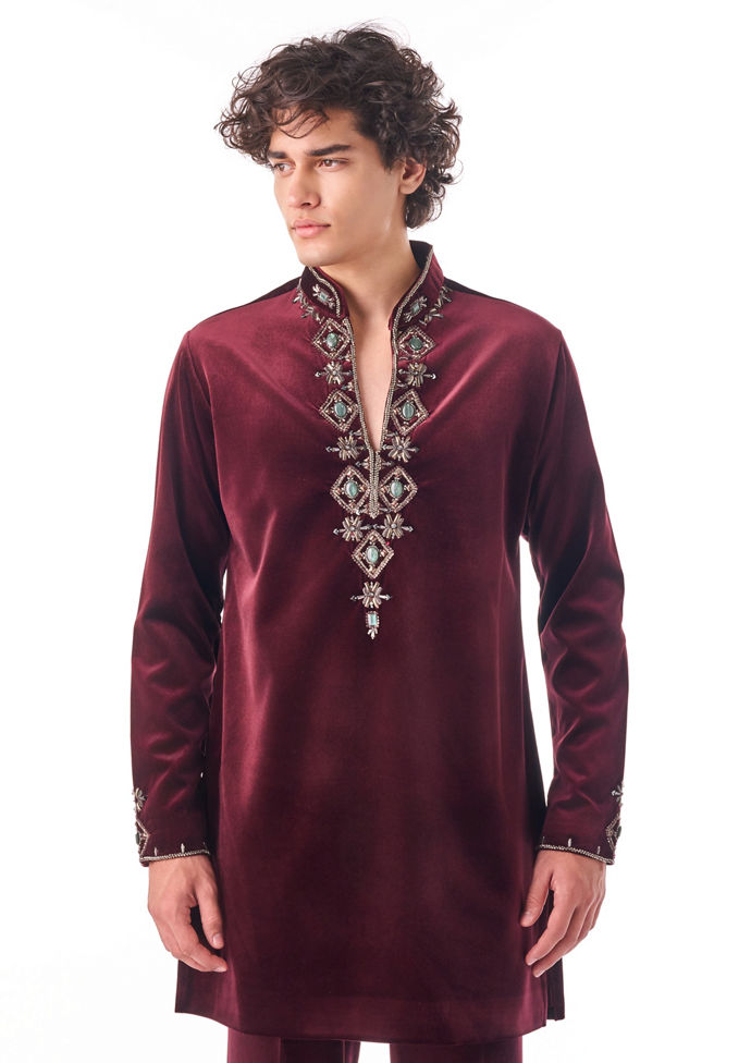 Twamev Men Maroon Zardosi Kurta Set