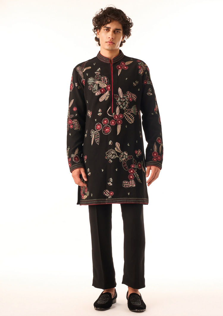 Twamev Men Black Thread Work Kurta Set