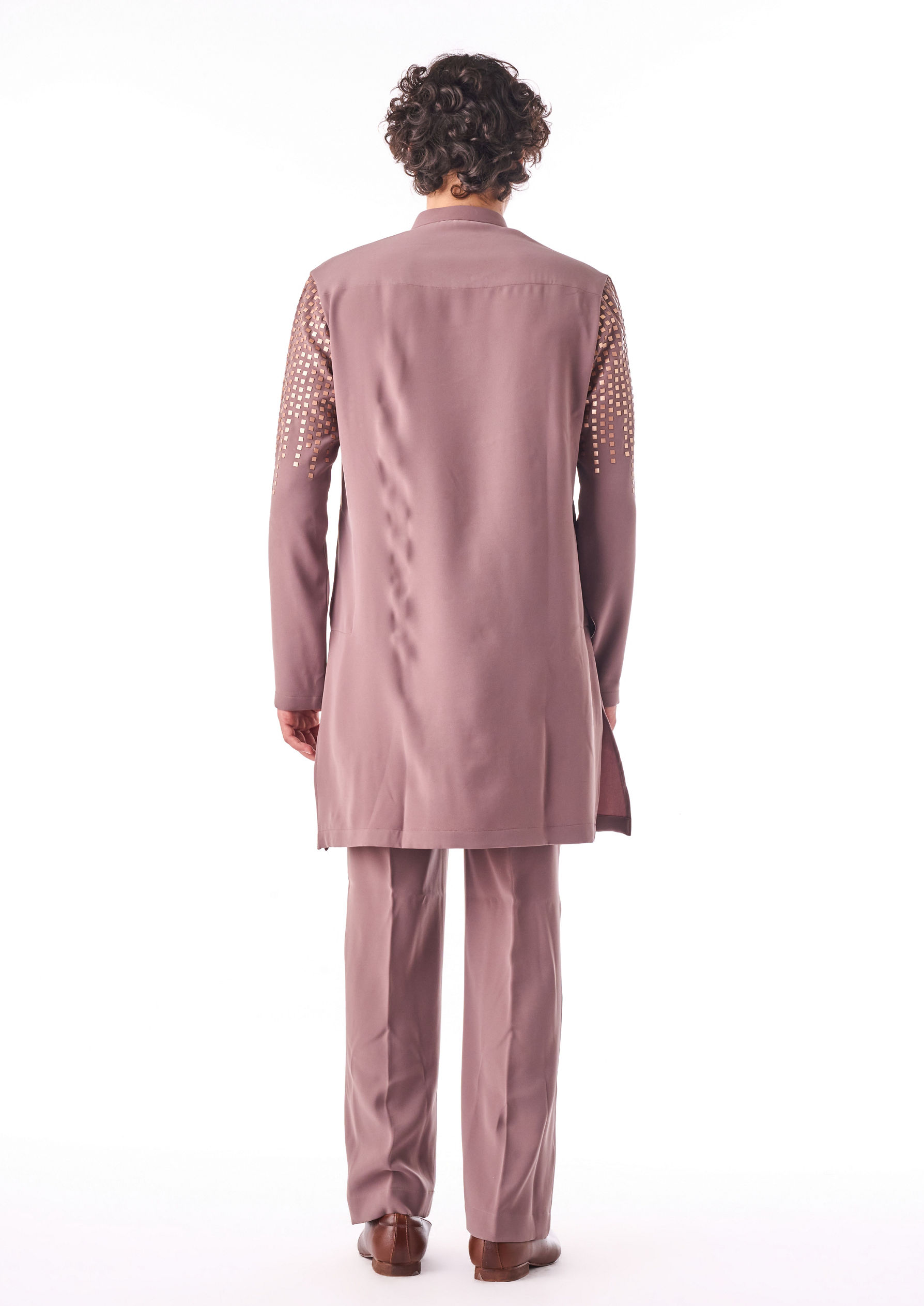 Twamev Men Brown Crepe Kurta Set with Geometric Print
