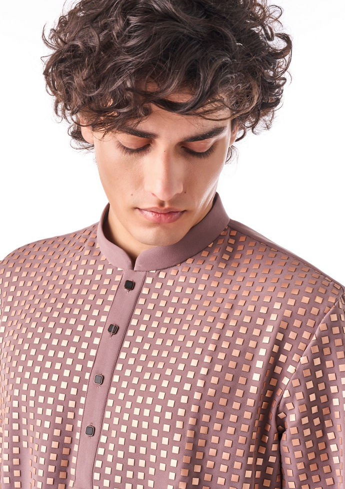 Twamev Men Brown Crepe Kurta Set with Geometric Print