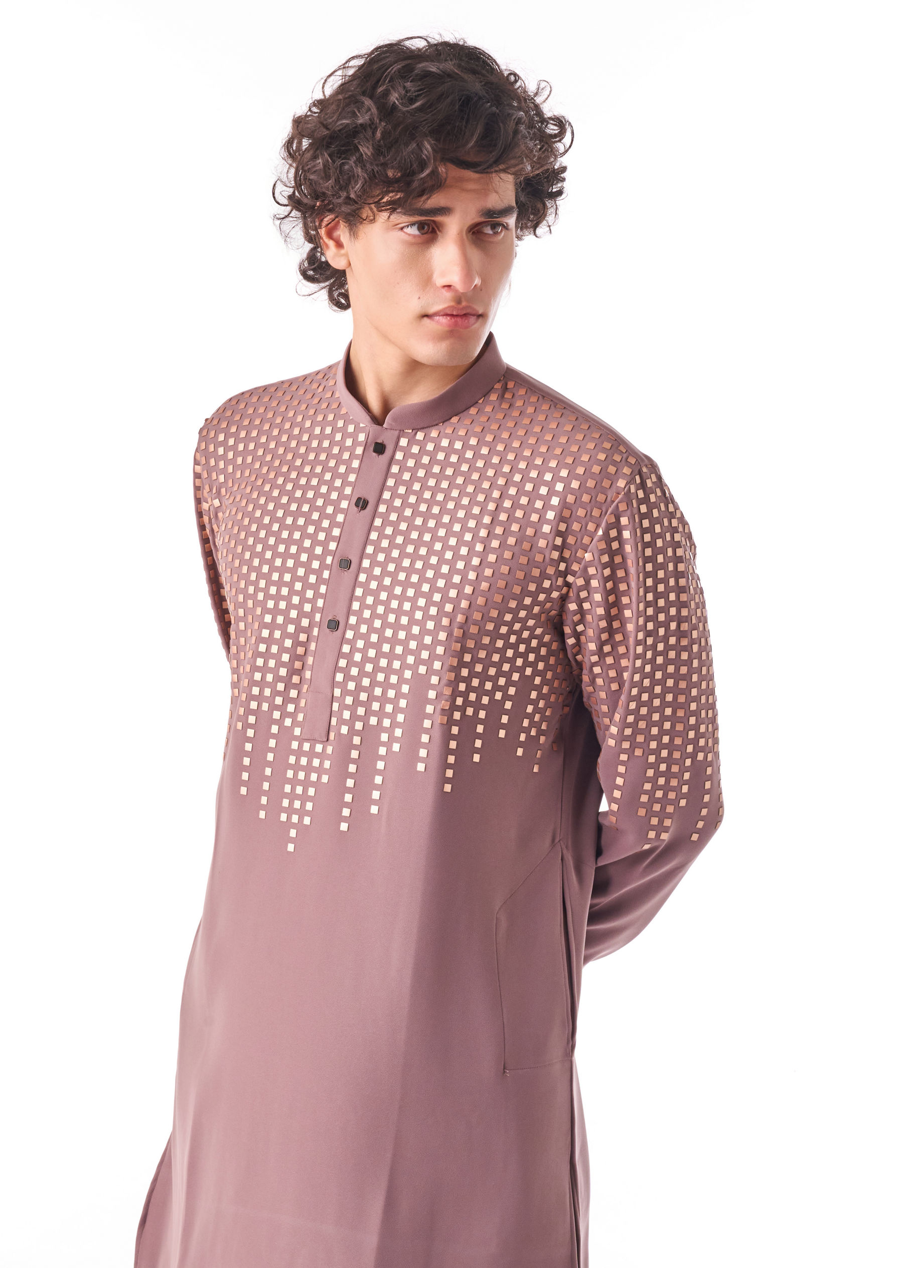 Twamev Men Brown Crepe Kurta Set with Geometric Print
