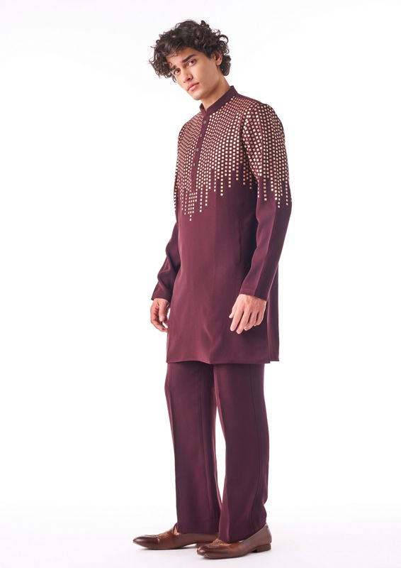 Twamev Men Wine Crepe Kurta Pajama with Embroidery