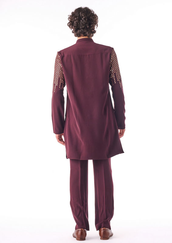 Twamev Men Wine Crepe Kurta Pajama with Embroidery