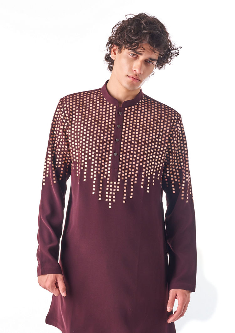 Twamev Men Wine Crepe Kurta Pajama with Embroidery