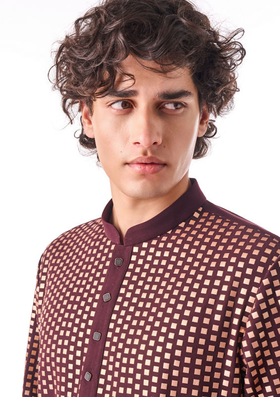 Twamev Men Wine Crepe Kurta Pajama with Embroidery