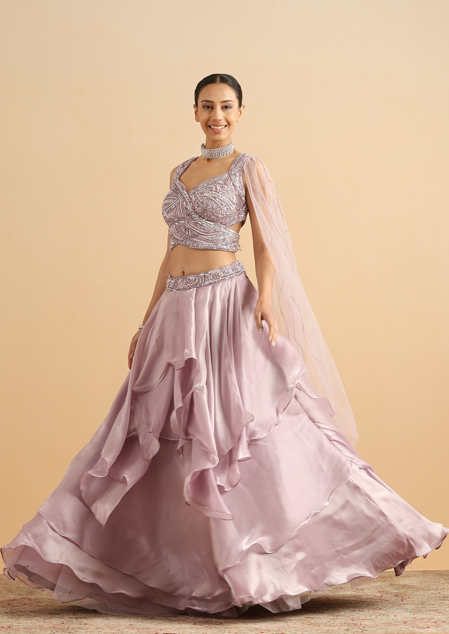 Twamev Women Lilac Butterfly Organza Skirt Top Set