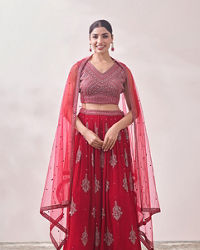 Mohey Women True Red Jhallar Motif Lehenga