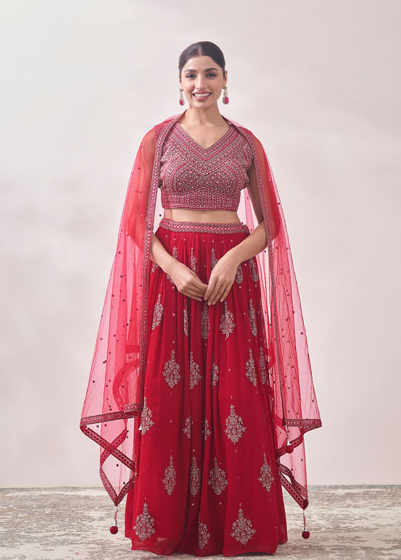 Mohey Women True Red Jhallar Motif Lehenga