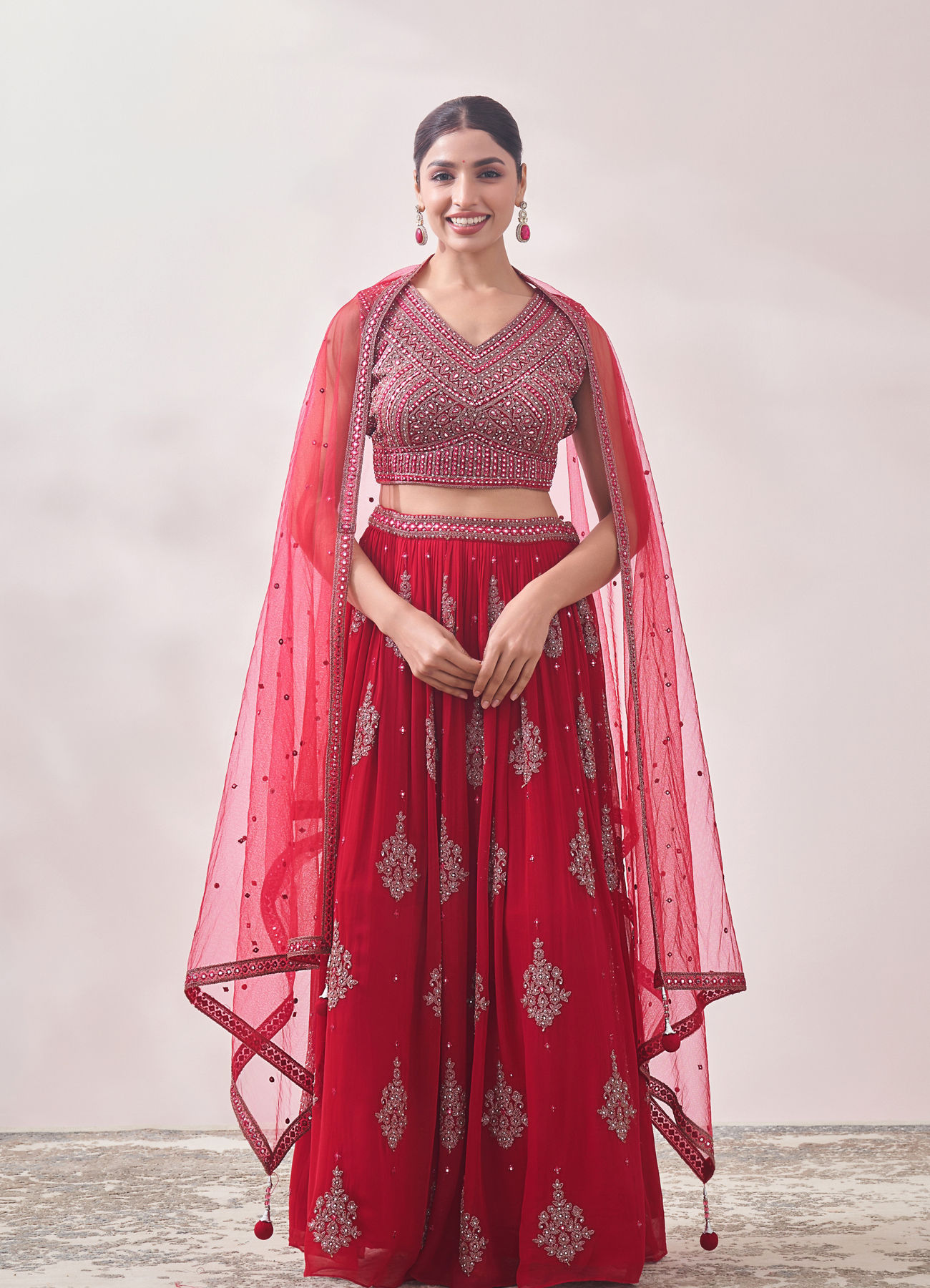 Mohey Women True Red Jhallar Motif Lehenga