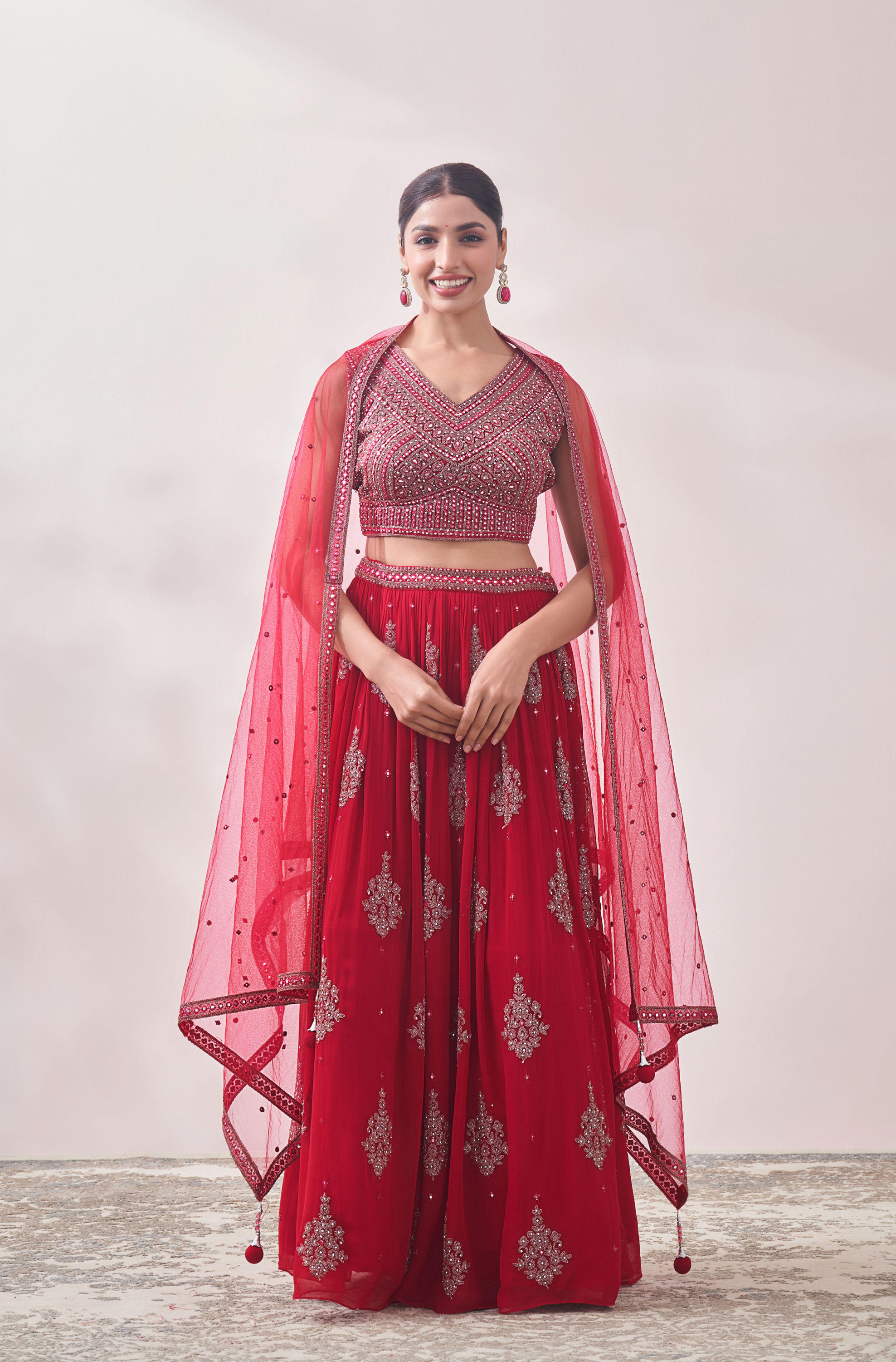 Mohey Women True Red Jhallar Motif Lehenga