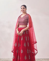 Mohey Women True Red Jhallar Motif Lehenga