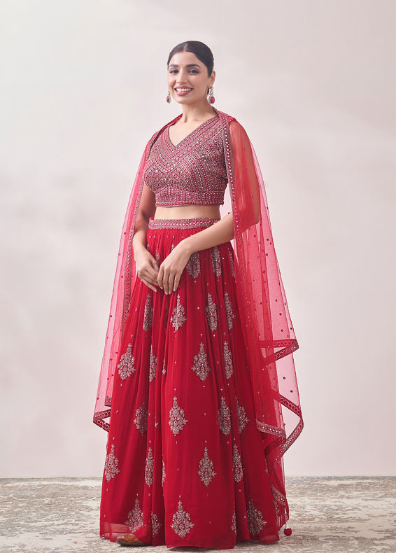 Mohey Women True Red Jhallar Motif Lehenga