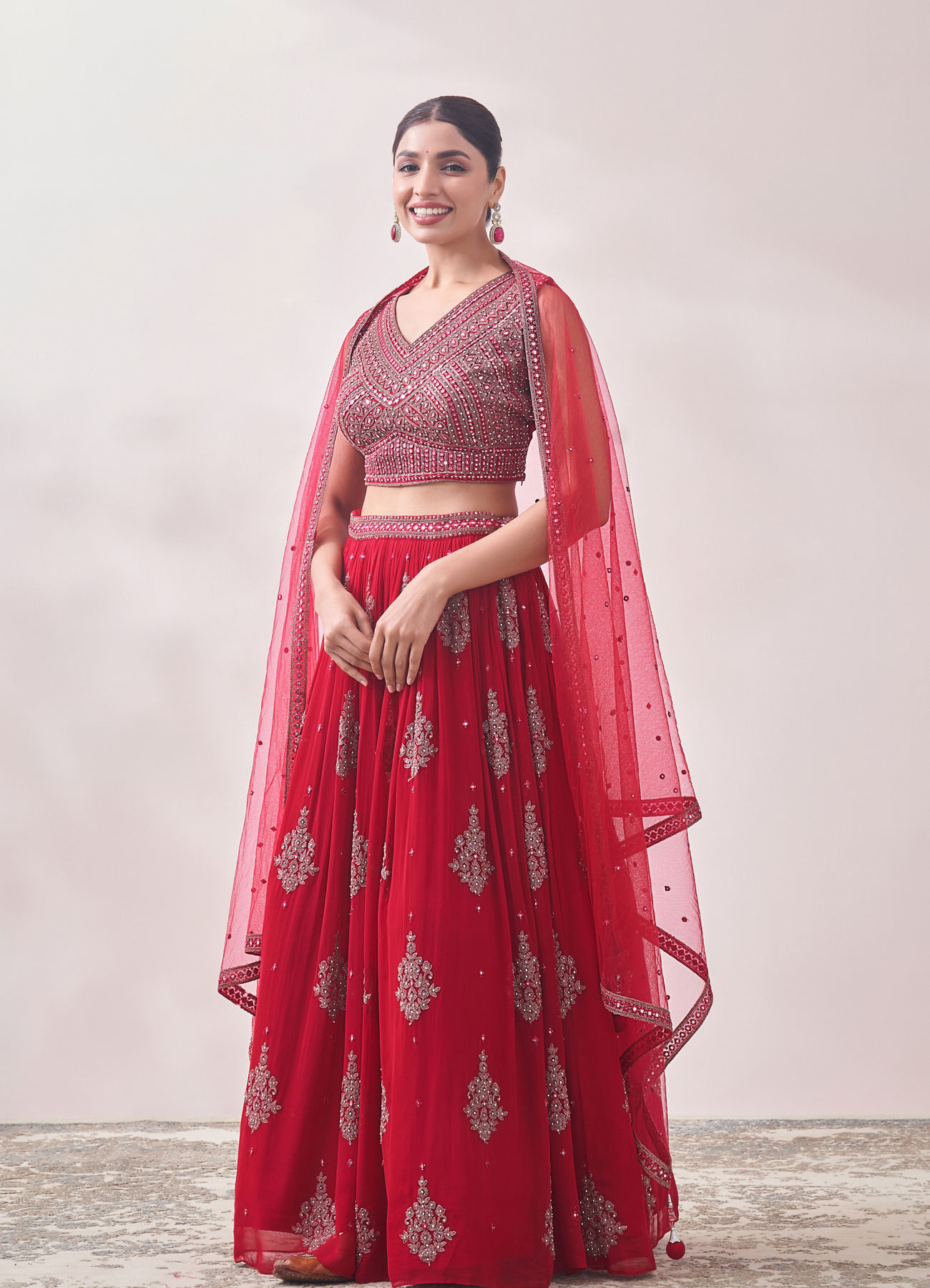 Mohey Women True Red Jhallar Motif Lehenga