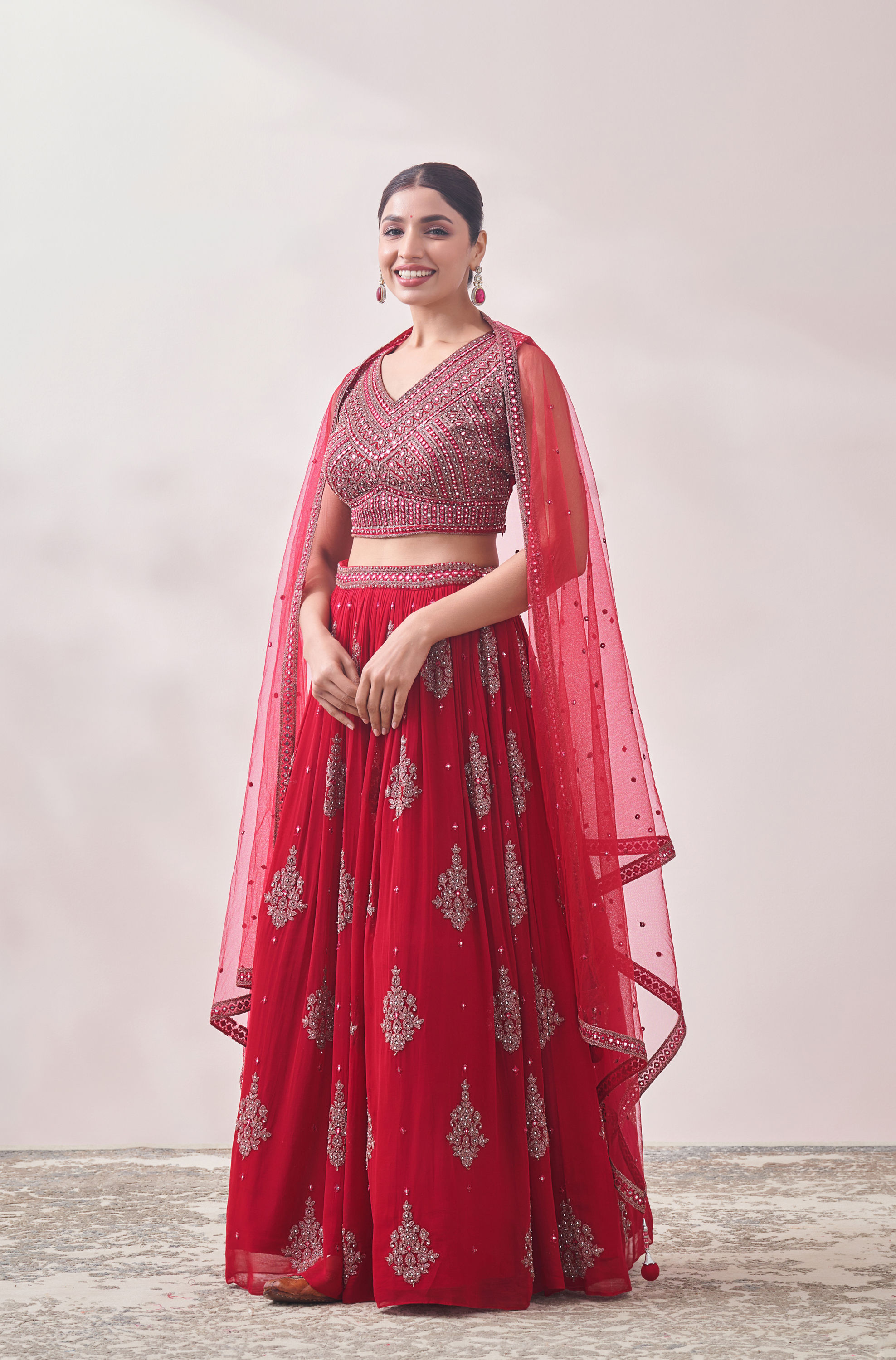 Mohey Women True Red Jhallar Motif Lehenga