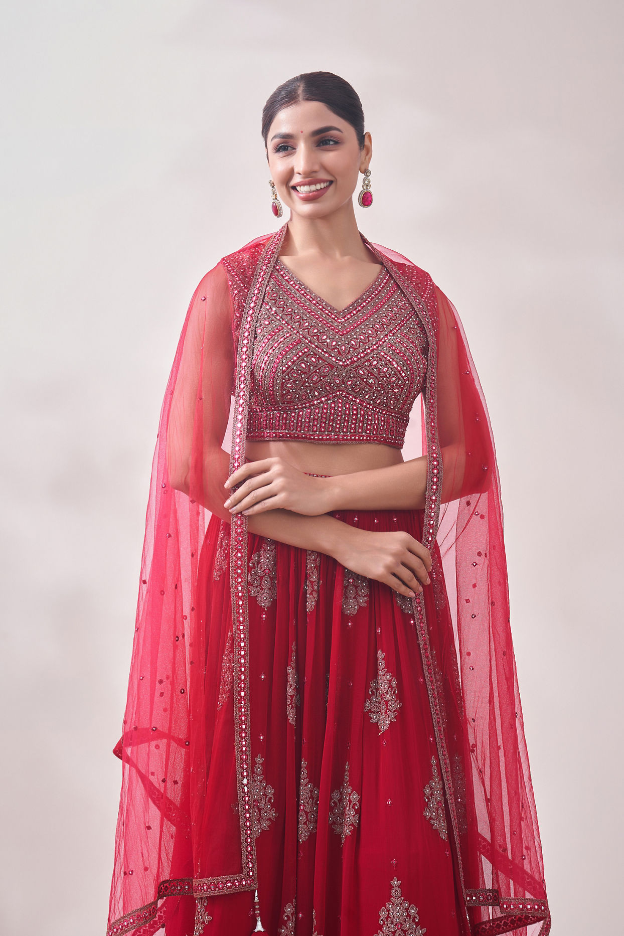 Mohey Women True Red Jhallar Motif Lehenga