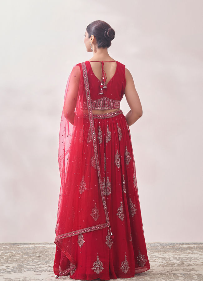 Mohey Women True Red Jhallar Motif Lehenga