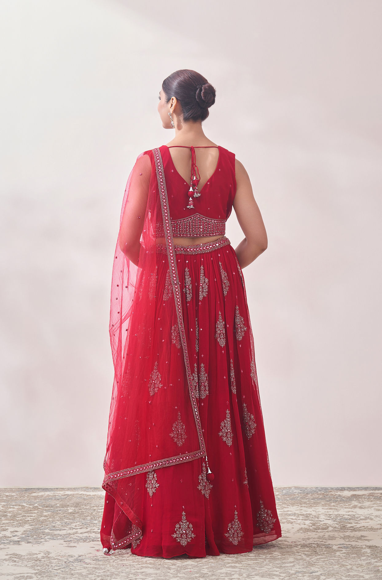 Mohey Women True Red Jhallar Motif Lehenga