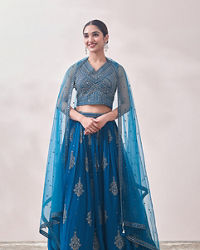 Mohey Women Turkish Sea Blue Jhallar Patterned Lehenga