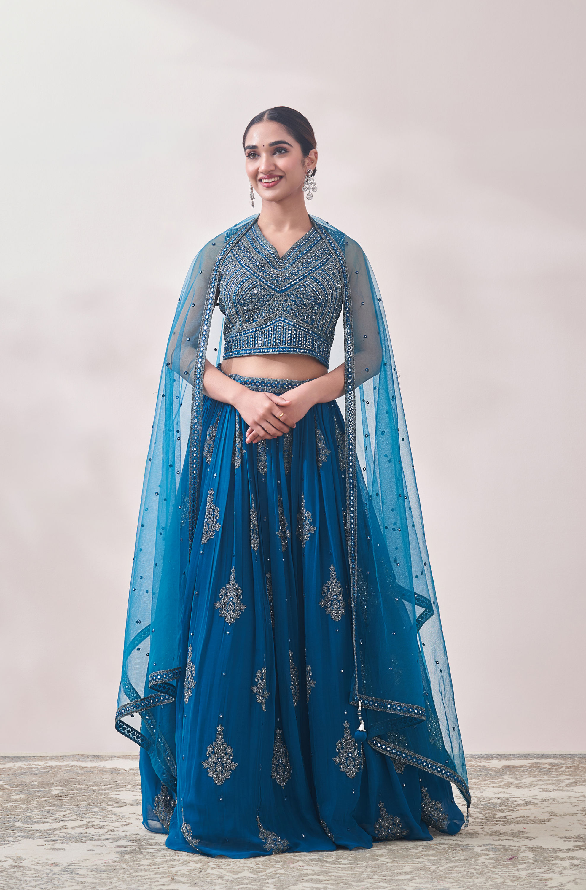 Mohey Women Turkish Sea Blue Jhallar Patterned Lehenga