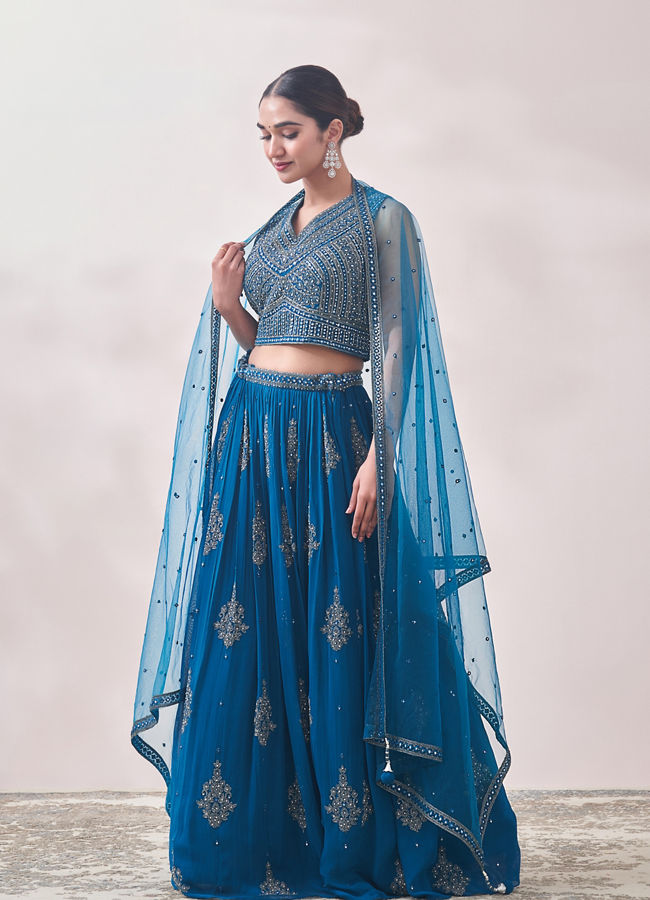 Mohey Women Turkish Sea Blue Jhallar Patterned Lehenga