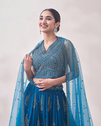 Mohey Women Turkish Sea Blue Jhallar Patterned Lehenga