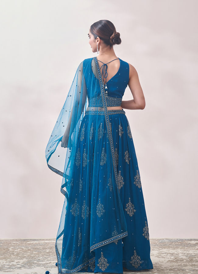 Mohey Women Turkish Sea Blue Jhallar Patterned Lehenga