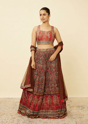 alt message - Mohey Women Deep Mahogany Brown Bel Buti Printed Skirt Top Set image number 0