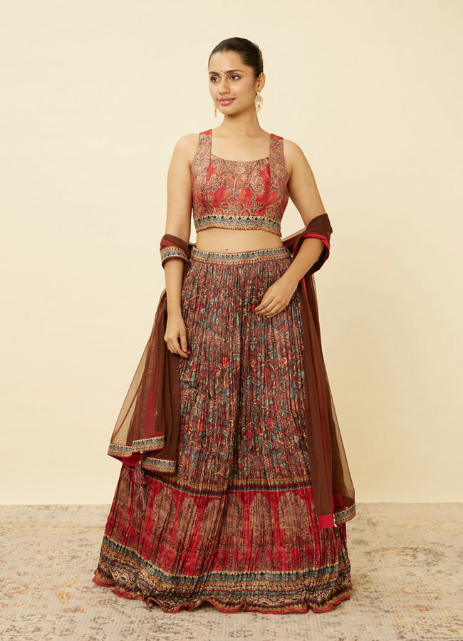 Mohey Women Deep Mahogany Brown Bel Buti Printed Skirt Top Set