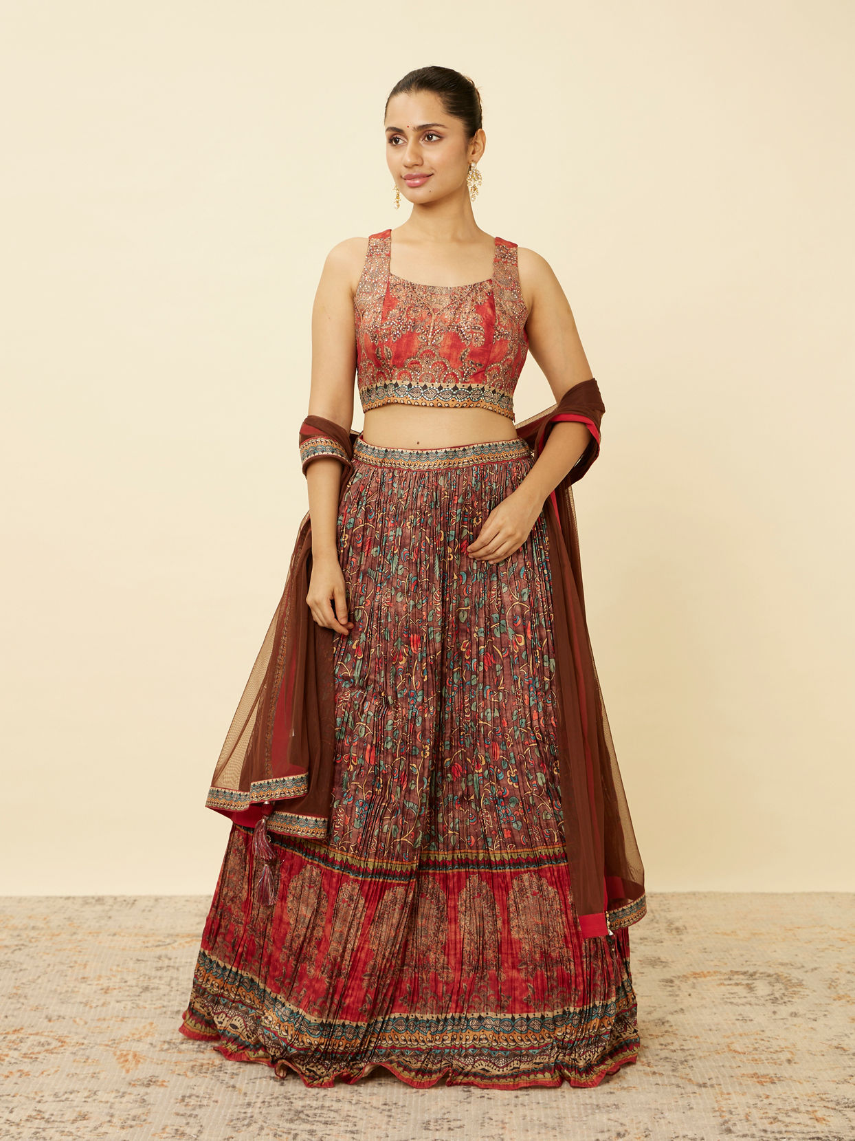 alt message - Mohey Women Deep Mahogany Brown Bel Buti Printed Skirt Top Set image number 0