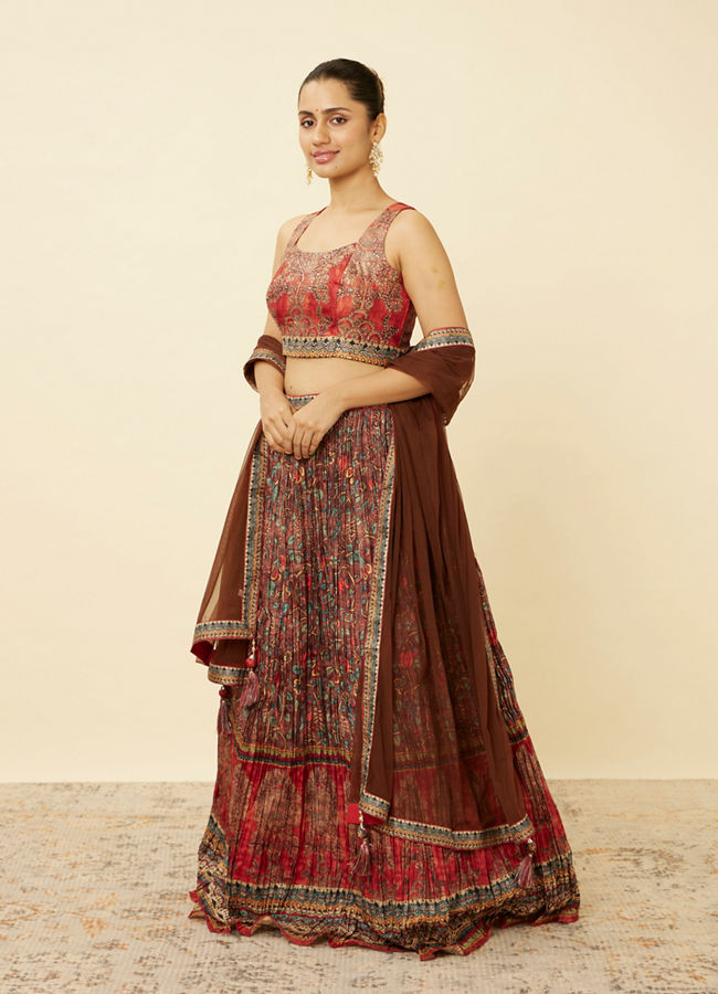 alt message - Mohey Women Deep Mahogany Brown Bel Buti Printed Skirt Top Set image number 2