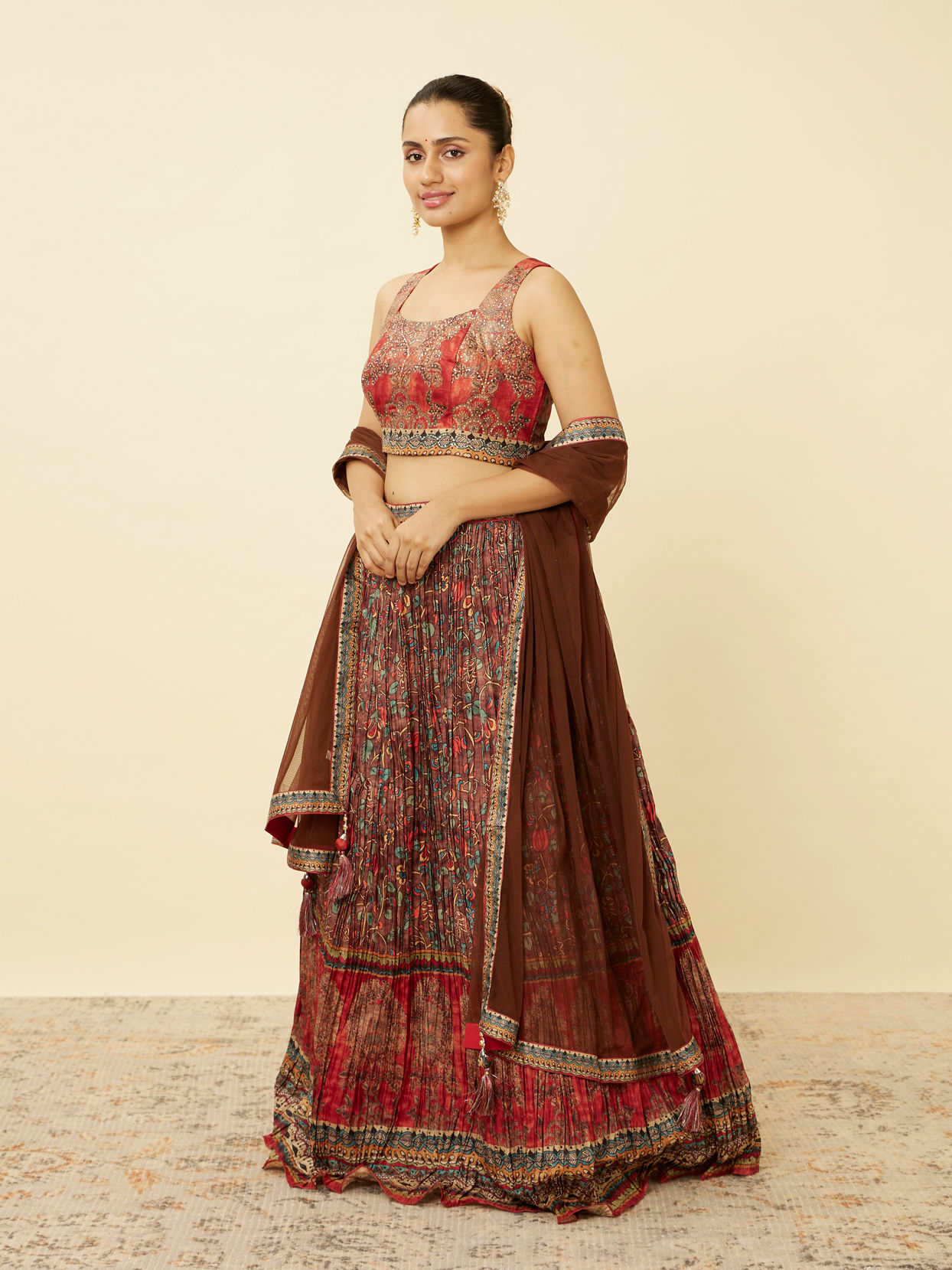 alt message - Mohey Women Deep Mahogany Brown Bel Buti Printed Skirt Top Set image number 2